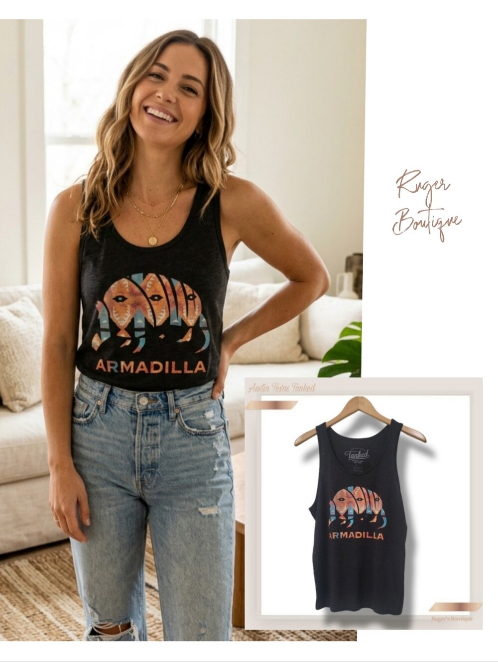 🌿Austin Texas Tanked Women's Small Heathered-Black Armadillo Tank Top